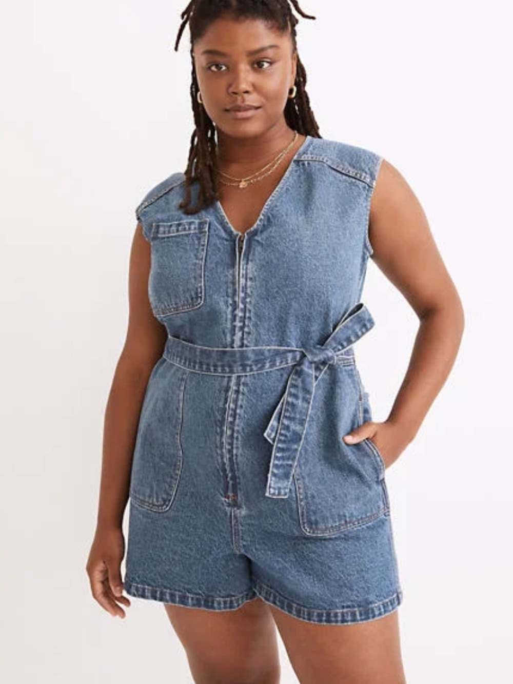 Madewell Blue Denim Sleeveless Belted Shorts Romper